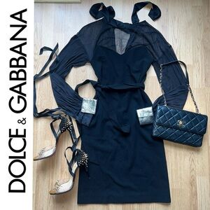 Dolce & Gabbana Black wool Tie Front Long Sleeve Cocktail Dress with sil…
